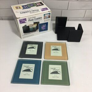 Sarah Peyton Solid Glass Photo Coasters with Wooden Storage Rack